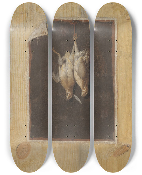 Triptych art skateboard deck of Cornelius Norbertus Gijsbrechts Trompe Loeil Board Partition With A Still Life Of Two Dead Birds Hanging On A Wall by Cornelius Norbertus Gijsbrechts (1630-1675)