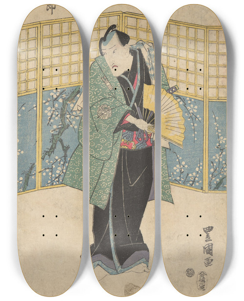Triptych art skateboard deck of Toyokuni Utagawa Actor In Green Robe With Yellow Fan by Toyokuni Utagawa (1769-1825)
