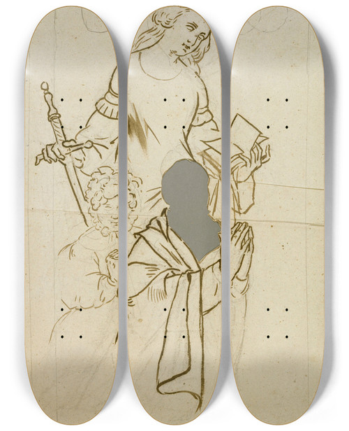 Triptych art skateboard deck of Prosper Lafaye Sainte Catherine Dalexandrie Protgeant Un Couple En Prire by Prosper Lafaye (1806-1883)