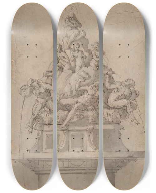 Triptych art skateboard deck of Giorgio Vasari Design For A Fountain With Rivergods And Nymphs by Giorgio Vasari (1511-1574)