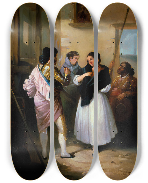 Triptych art skateboard deck of Joaqun Domnguez Bcquer Maja And Bullfighter by Joaquin Dominguez Becquer (1819-1879)