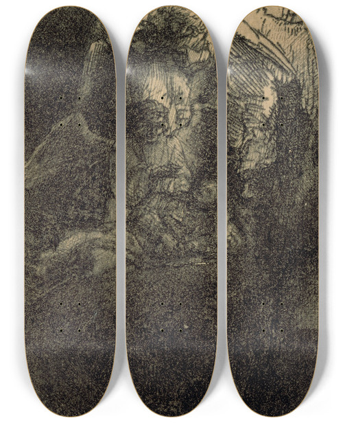 Triptych art skateboard deck of Rembrandt Van Rijn Jacobs Ladder Illustration For La Piedra Gloriosa by Rembrandt Van Rijn (1606-1669)