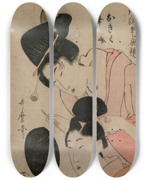 Triptych art skateboard deck of Kitagawa Utamaro Ii The Lovers Okiku And Kozuke From The Series An Elegant Comparison Of Charming Features by Kitagawa Utamaro Ii (1831)