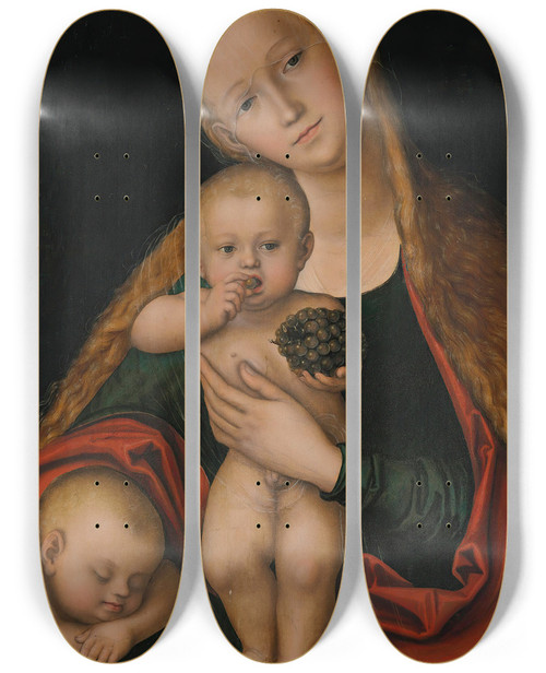 Triptych art skateboard deck of Lucas Cranach The Younger The Virgin And Child With Infant Saint John The Baptist Sleeping by Lucas Cranach the Younger (1515-1586)
