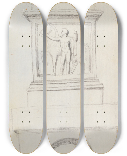 Triptych art skateboard deck of John Flaxman Suburban Tomb Monument With Marble Altar On Top On The Road Between Rome And Tivoli by John Flaxman (1755-1826)