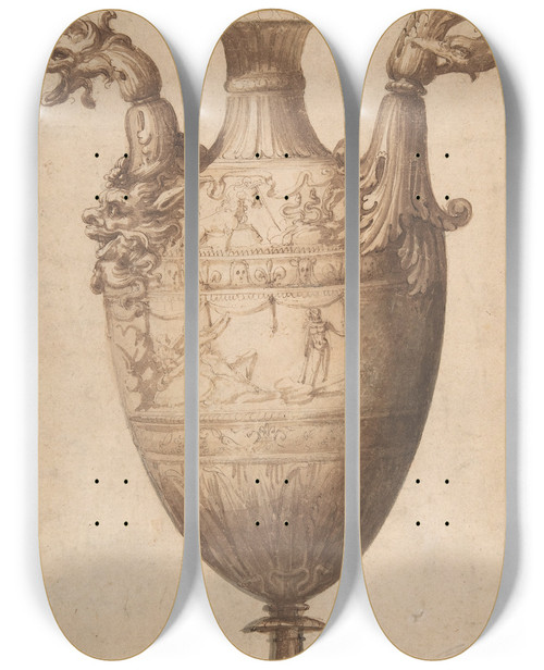 Triptych art skateboard deck of Francesco De Rossi Design For A Vase With Hercules And Farnese Lilies by Francesco de' Rossi (1510-1563)