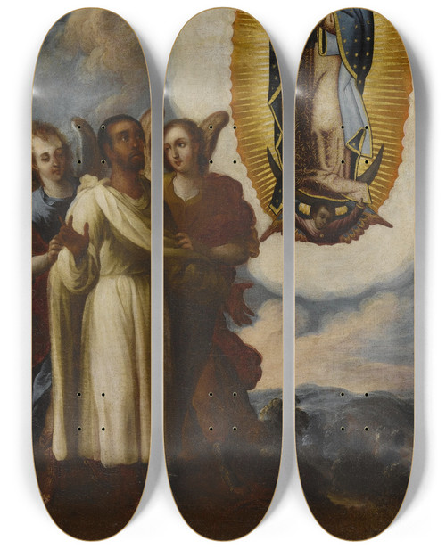 Triptych art skateboard deck of Juan Rodrguez Jurez Virgen De Guadalupe Y Juan Diego by Juan Rodriguez Juarez (1675-1728)