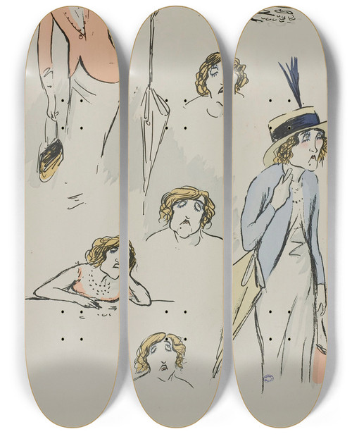 Triptych art skateboard deck of Georges Goursat Sem Mme Morlange by Georges Goursat (Sem) (1863-1934)