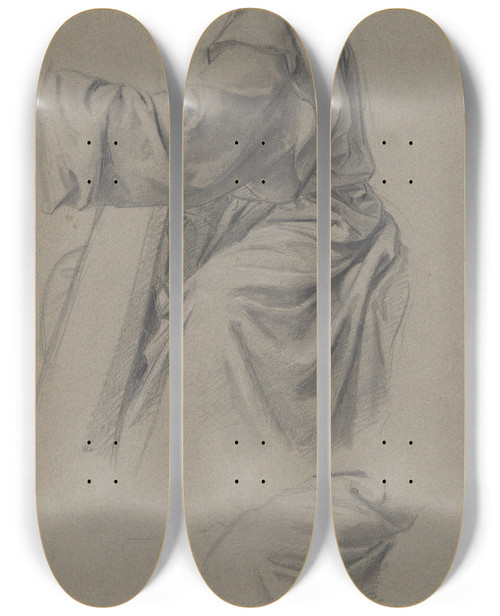 Triptych art skateboard deck of Jzef Simmler Davids Robe Study To The Painting King David Playing The Harp by Jozef Simmler (1823-1868)