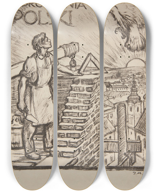 Triptych art skateboard deck of Jzef Mehoffer Poyczka Odrodzenia Polski by Jozef Mehoffer (1869-1946)