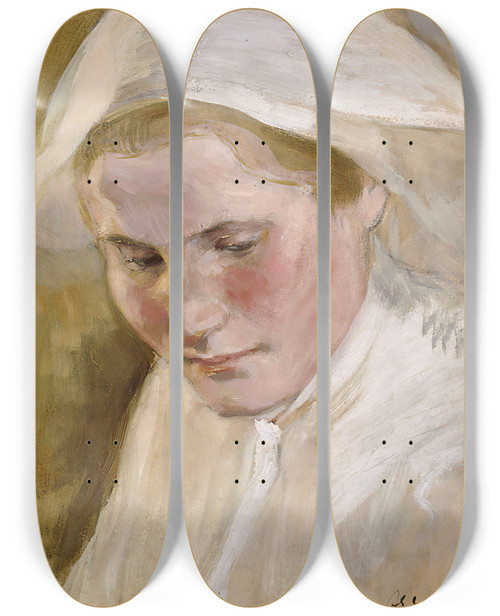 Triptych art skateboard deck of Albert Edelfelt Womans Head Rehearsal For The Final Sketch Of The Peter Brahe Series by Albert Edelfelt (1854-1905)