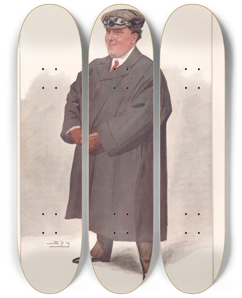 Triptych art skateboard deck of Leslie Matthew Ward Automobile Devotees Steam Mr Frederick Abernethy Coleman 6 November 1907 by Leslie Matthew Ward (1851-1922)