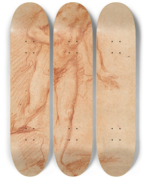 Triptych art skateboard deck of Giovanni Antonio Guardi Male Nude_1 by Giovanni Antonio Guardi (1699-1766)