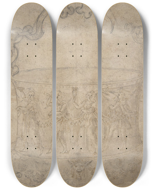 Triptych art skateboard deck of Girolamo Genga Design For A Bucketlike Vessel With A Handle Of Strapwork On A Body Adorned With Dancing And Musicmaking Antiquestyle Figures by Girolamo Genga (1476-1551)