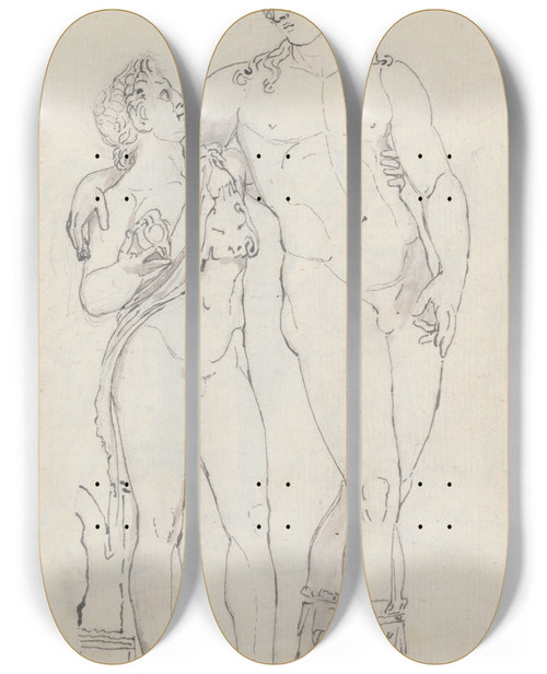 Triptych art skateboard deck of John Flaxman Bacchus Standing Leaning On A Faun by John Flaxman (1755-1826)