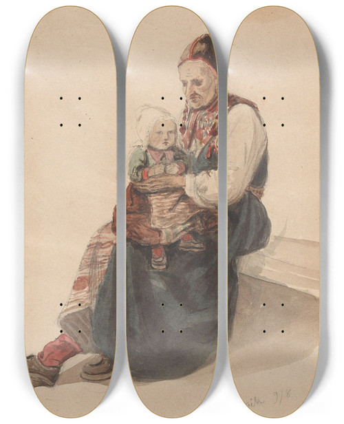 Triptych art skateboard deck of Adolph Tidemand Kone Med Barn P Fanget Rttvik by Adolph Tidemand (1814-1876)