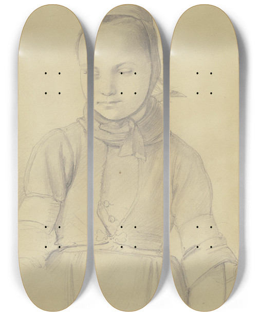 Triptych art skateboard deck of Jakob Becker Farm Girl_8 by Jakob Becker (1810-1872)