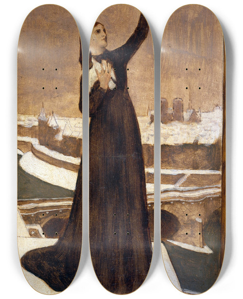 Triptych art skateboard deck of Pierre Puvis De Chavannes Le Pigeon Voyageur by Pierre Puvis De Chavannes (1824-1898)