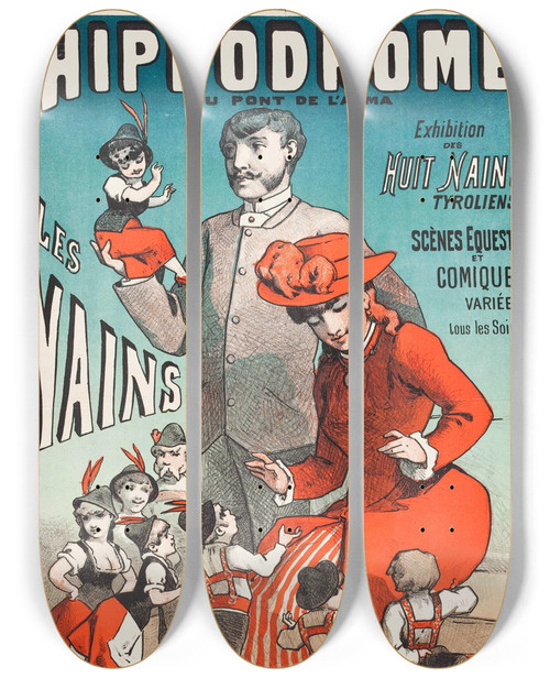 Triptych art skateboard deck of Alfred Choubrac Hippodrome Au Pont De Lalma Les Nains by Alfred Choubrac (1853-1902)