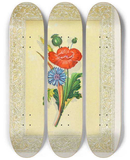 Triptych art skateboard deck of John Henry Ingram Poppy And Cornflower by John Henry Ingram (1842-1916)