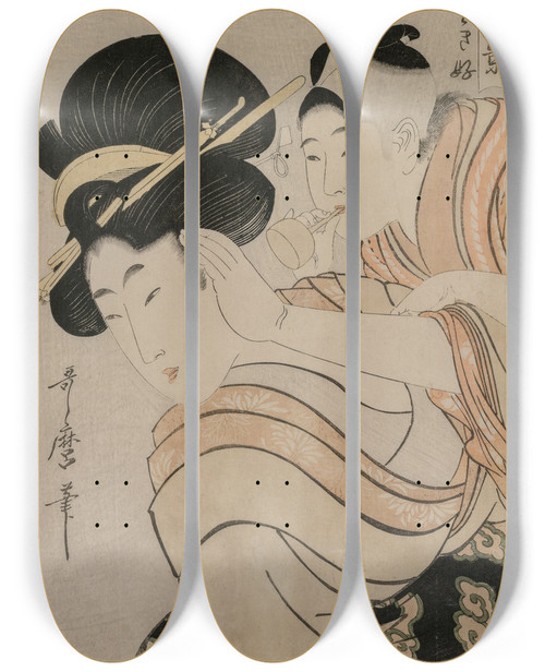 Triptych art skateboard deck of Kitagawa Utamaro Fond Of Noise From The Series Eight Views Of Favorite Things Of Todays World by Kitagawa Utamaro (1753-1806)