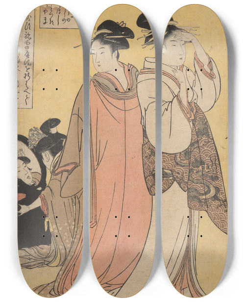 Triptych art skateboard deck of Kitagawa Utamaro Courtesan Oriwae Small Child Looking In Mirror At Back by Kitagawa Utamaro (1753-1806)
