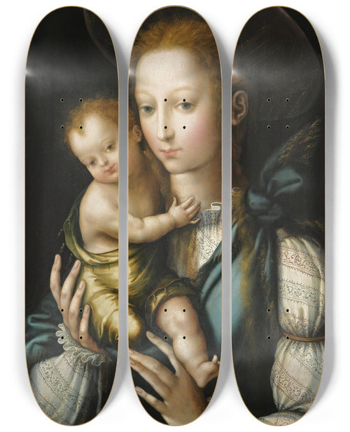 Triptych art skateboard deck of Luis De Morales Badajoz The Virgin And Child Or La Virgn Del Sombrero by Luis De Morales (1520-1586)