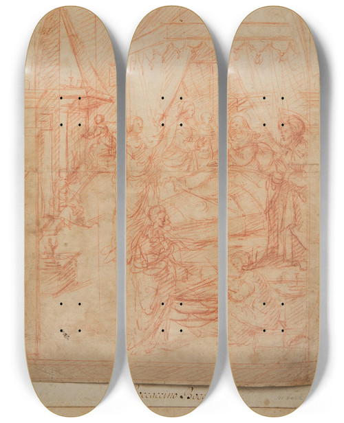 Triptych art skateboard deck of Boccaccio Boccaccino La Naissance De La Vierge by Boccaccio Boccaccino (1466-1525)