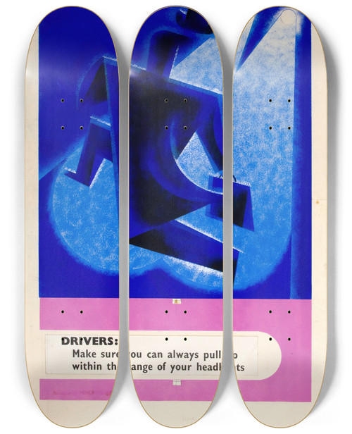 Triptych art skateboard deck of Tom Gentleman Drivers Make Sure You Can Always Pull Up Within The Range Of Your Headlights by Tom Gentleman (1892-1966)
