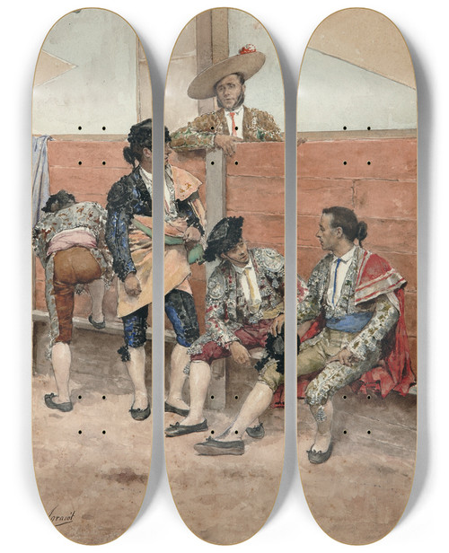 Triptych art skateboard deck of Joaqun Agrasot A Rest During The Bullfight by Joaquin Agrasot (1836-1919)