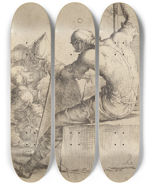 Triptych art skateboard deck of Salvator Rosa Three Soldiers One Seated And Supporting Himself With A Cane And Shield by Salvator Rosa (1615-1673)
