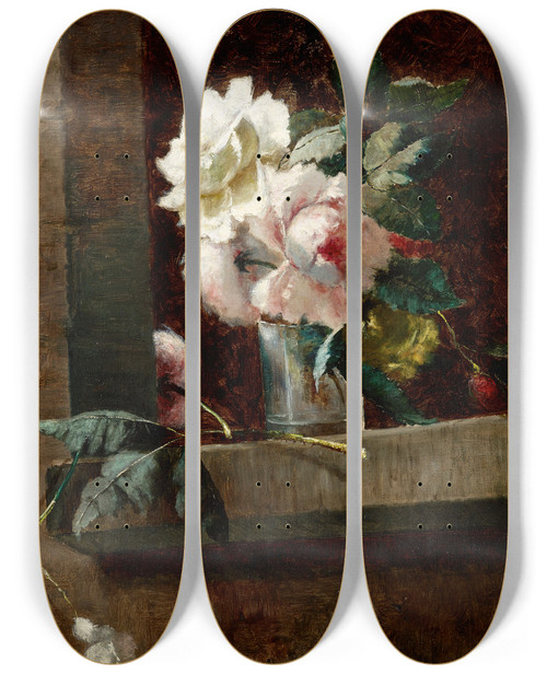 Triptych art skateboard deck of William Henry Hilliard Italian Roses by William Henry Hilliard (1836-1905)