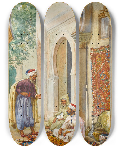 Triptych art skateboard deck of Giulio Rosati The Merchant by Giulio Rosati (1858-1917)