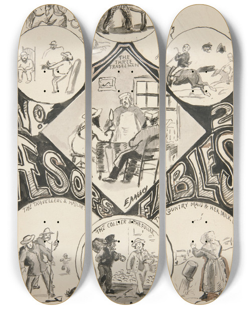 Triptych art skateboard deck of Edwin Austin Abbey Title Page For Aesops Fables No 2 by Edwin Austin Abbey (1852-1911)