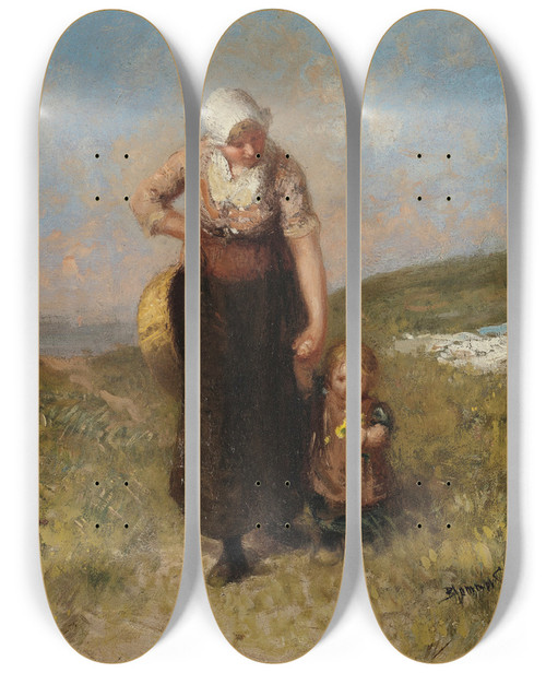 Triptych art skateboard deck of Bernardus Johannes Blommers Mother And Child Strolling In The Dunes by Bernardus Johannes Blommers (1845-1915)