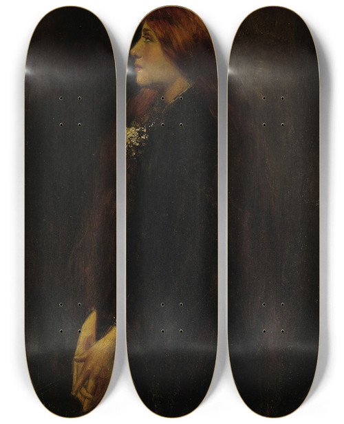 Triptych art skateboard deck of Jeanjacques Henner Portrait Red Haired Beauty Standing In Profile by Jean-Jacques Henner (1829-1905)