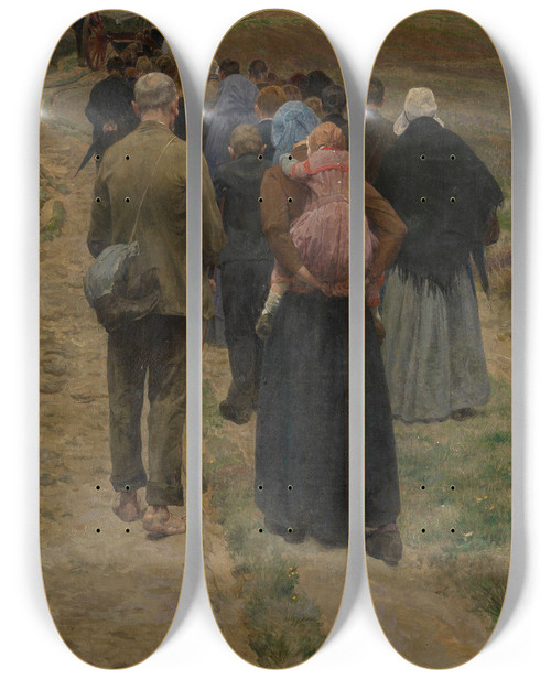 Triptych art skateboard deck of Frans Van Leemputten Pilgrims At The Moor by Frans Van Leemputten (1850-1914)