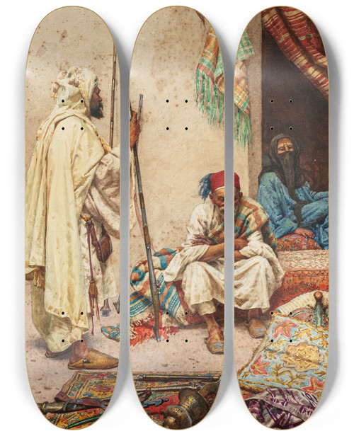 Triptych art skateboard deck of Giulio Rosati The Carpet Merchant_1 by Giulio Rosati (1858-1917)