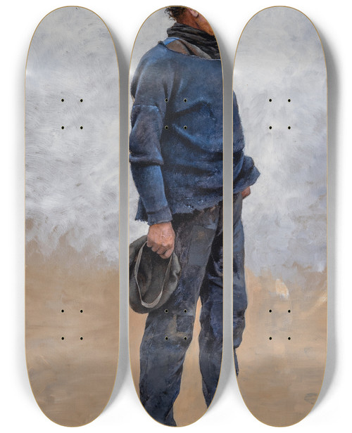 Triptych art skateboard deck of August Hagborg Man With Cap In Hand by August Hagborg (1852-1921)