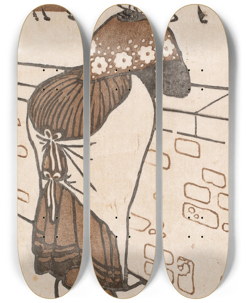 Triptych art skateboard deck of Carl Moser In Erwartung by Carl Moser (1873-1939)