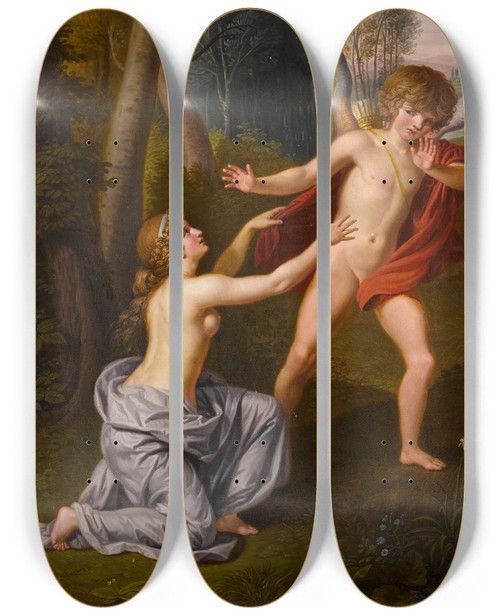 Triptych art skateboard deck of Ludwig Guttenbrunn Cupid And Psyche by Ludwig Guttenbrunn