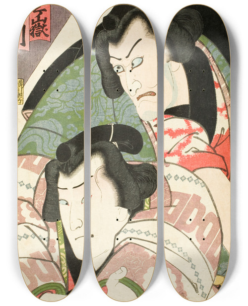 Triptych art skateboard deck of Utagawa Kunisada Toyokuni Iii Actors Ichikawa Ebiz V As Tetsugatake And Onoe Kikugor Iv As Iwakawa by Utagawa Kunisada (Toyokuni III) (1786-1865)