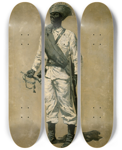 Triptych art skateboard deck of Frederic Remington One Of Gomez Men by Frederic Remington (1861-1909)