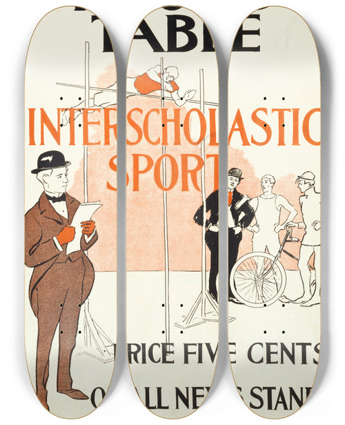 Triptych art skateboard deck of Edward Penfield Harpers Round Table Interscholastic Sport by Edward Penfield (1866-1925)