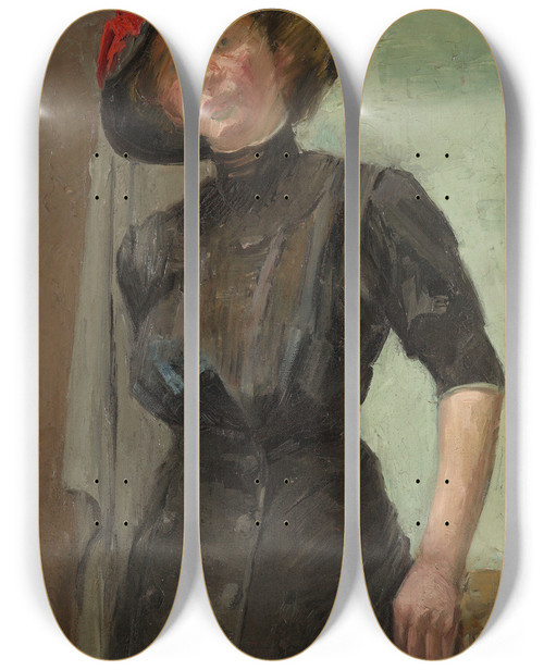 Triptych art skateboard deck of Mina Arndt The Red Hat by Mina Arndt (1885-1926)