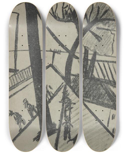 Triptych art skateboard deck of Olga Vladimirovna Rozanova Untitled Futurist City Scene From Poetry Of Mayakovsky by Olga Vladimirovna Rozanova (1886-1918)