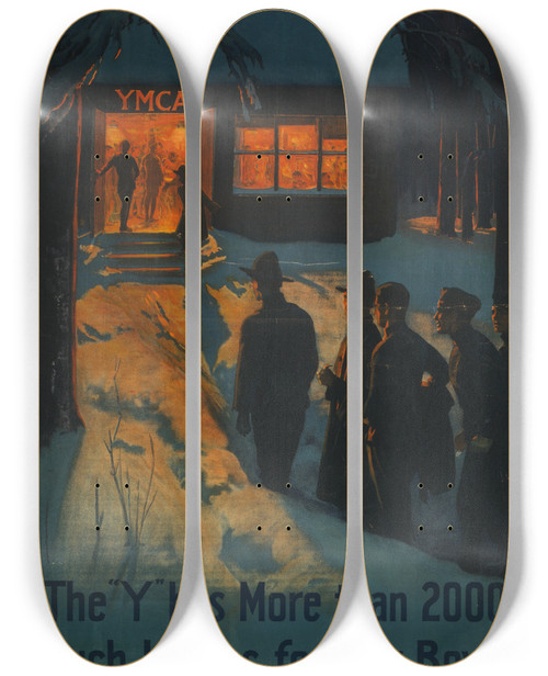 Triptych art skateboard deck of Albert Herter The Y Has More Than 2000 Such Homes For Our Boysunited War Work Campaign November 1118 by Albert Herter (1871-1950)