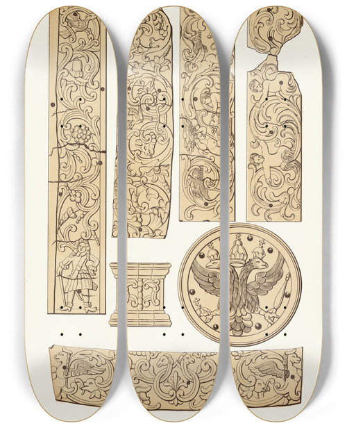 Triptych art skateboard deck of Fedor Grigoryevich Solntsev Ocherki Rezby Po Slonovoi Kosti Na Trone Ioanna Iii Izobrazhenie 14 by Fedor Grigoryevich Solntsev (1801-1892)