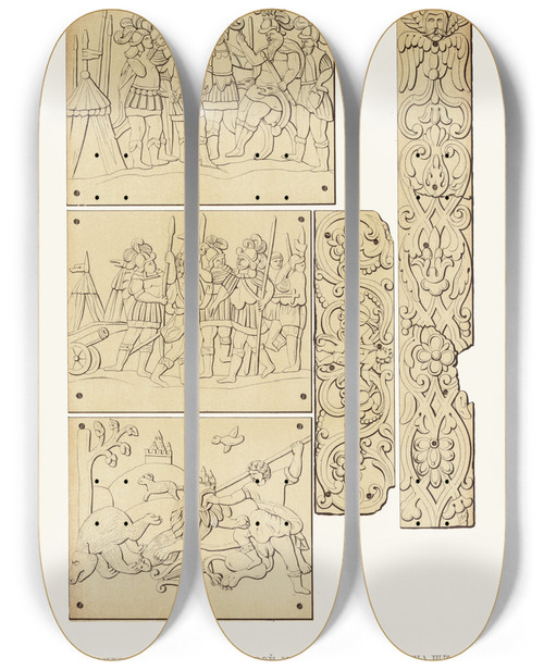 Triptych art skateboard deck of Fedor Grigoryevich Solntsev Ocherki Rezby Po Slonovoi Kosti Na Trone Ioanna Iii Izobrazhenie 7 by Fedor Grigoryevich Solntsev (1801-1892)