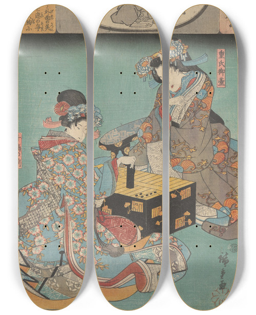 Triptych art skateboard deck of And Hiroshige Two Women Playing A Game by Ando Hiroshige (1797-1858)